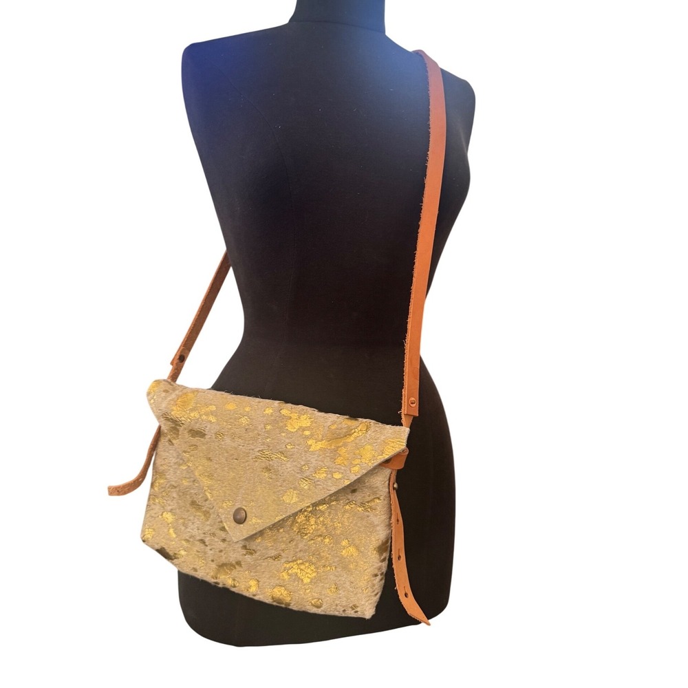 Gold Foil Splatter Finish Hair on Hide Cow Leather Envelope Crossbody EUC 11x8"